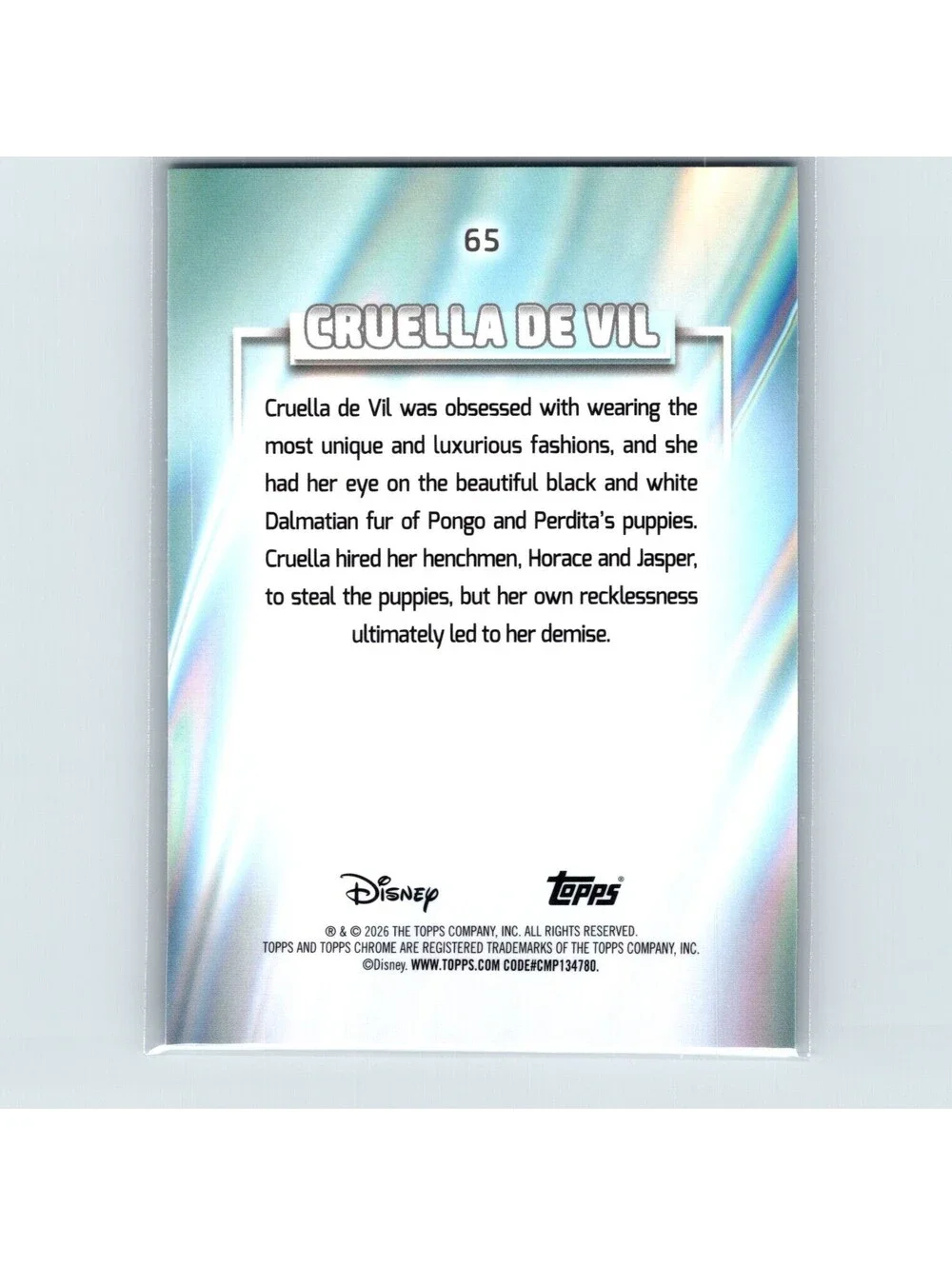 2026 Topps Chrome Disney Cruella De Vil #65 Blue Refractor #/150